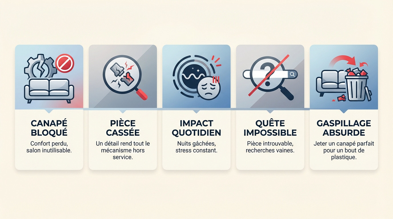 Canapé convertible bloqué à cause d'une pièce plastique cassée, illustrant le gaspillage évitable